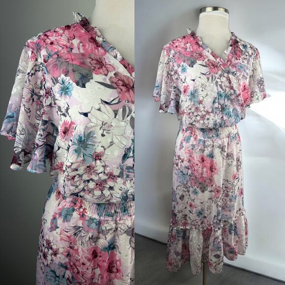 Lane Bryant Floral Ruffle Smocked Dress Plus Size 26/28 Wedding Bridal Shower - Picture 16 of 16